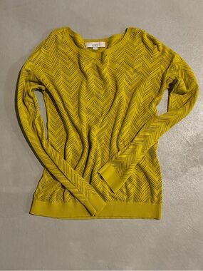 Chartreuse Mustard Chevron Pointelle Knit Sweater Medium Lightweight Open Knit
